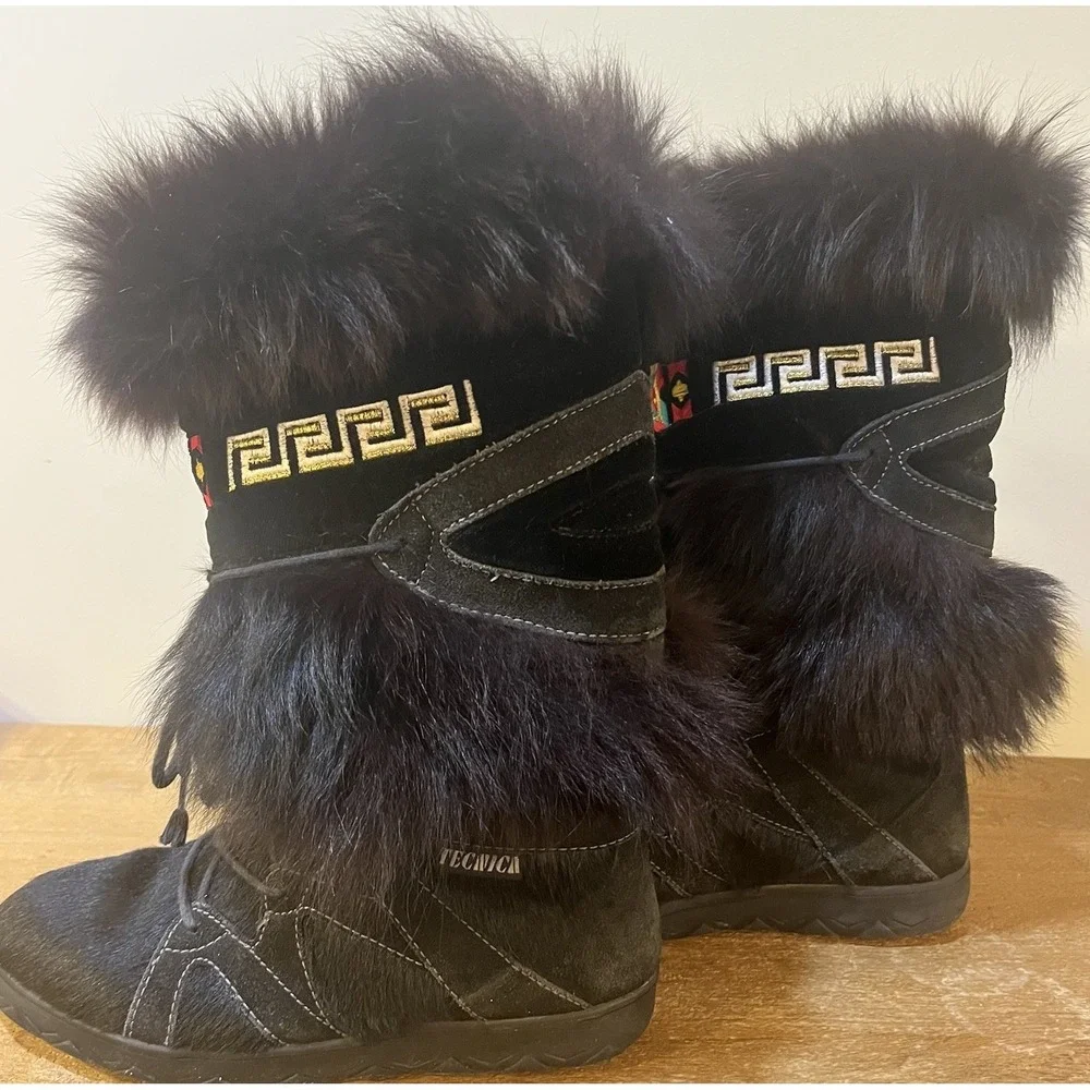 VTG 90s Tecnica Skandia Fur Apres Ski Mukluk Boots Italy Goat Hair Women 8 EU 39